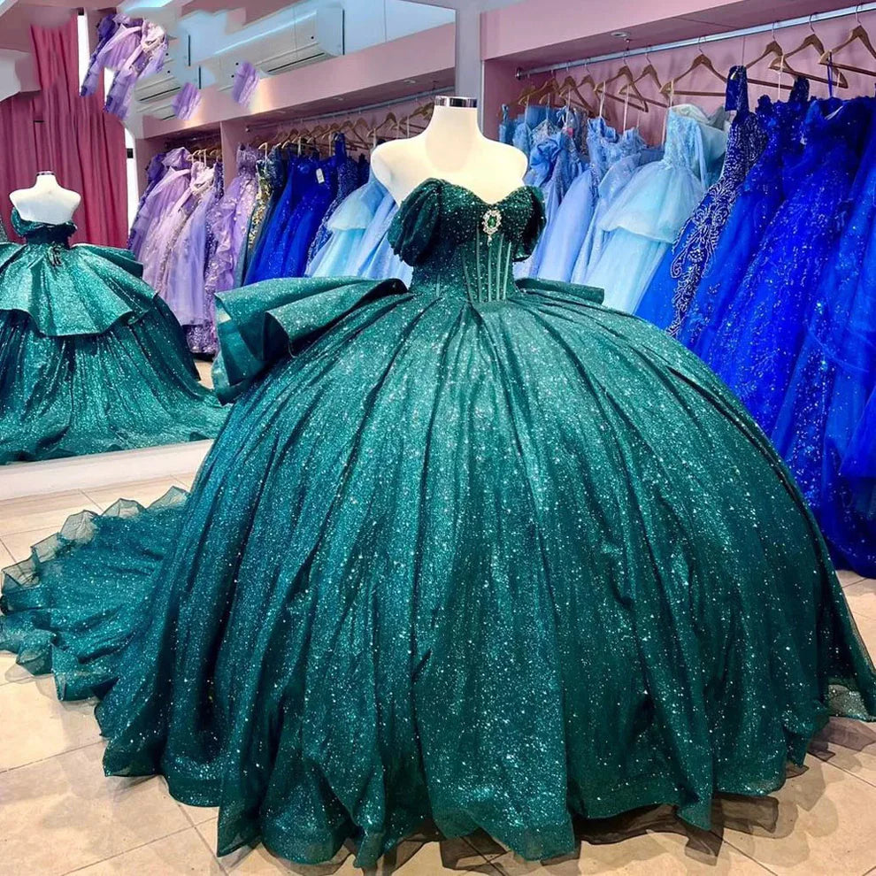 Gorgeous Green A-line Tutu Off-shoulder Strap Train Prom Dress Princess Dress TP2610