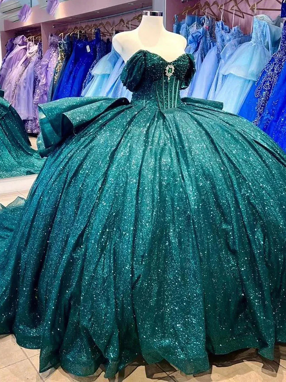 Gorgeous Green A-line Tutu Off-shoulder Strap Train Prom Dress Princess Dress TP2610