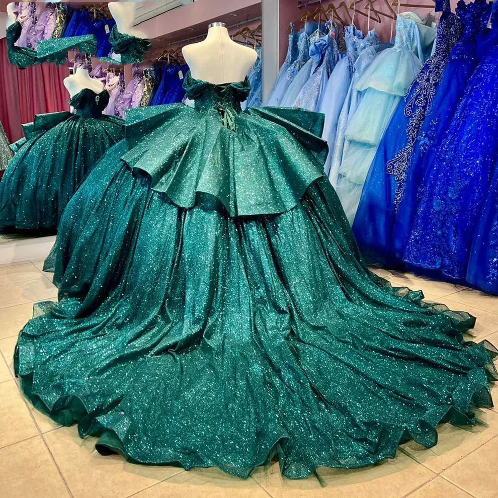 Gorgeous Green A-line Tutu Off-shoulder Strap Train Prom Dress Princess Dress TP2610