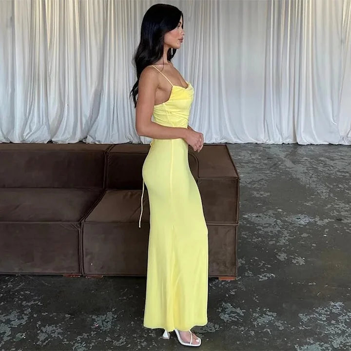 Simple Yellow Mermaid Suspender Ankle Prom Dress Evening Gown TP2611
