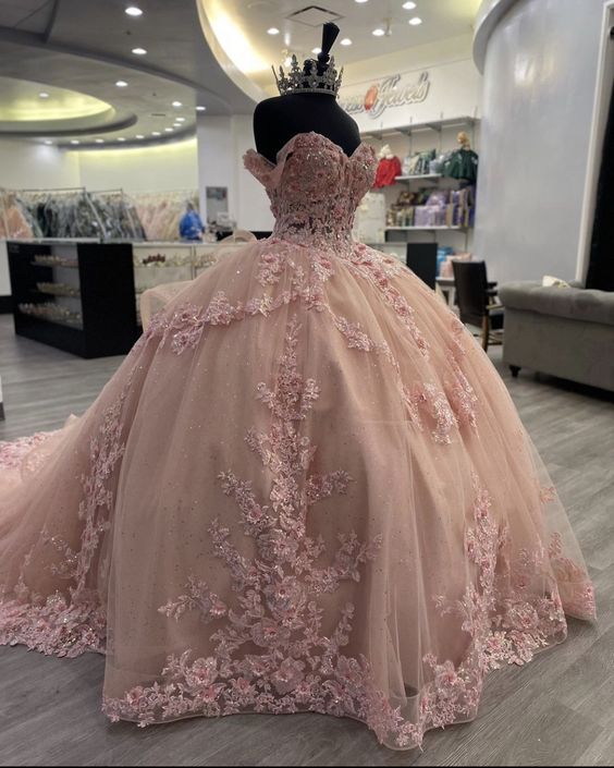 Sweet pink off-the-shoulder A-line sequined tulle with train prom dress evening dress TP2614