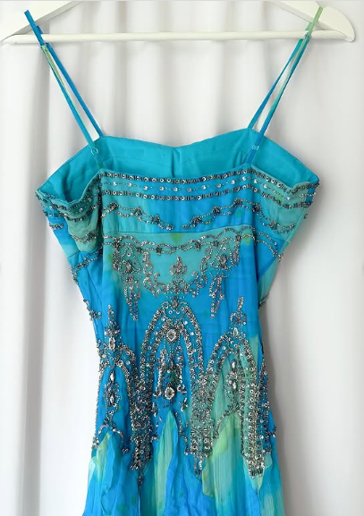 Retro Gradient Blue Suspender Chiffon Ruffle Beaded Prom Dress Evening Gown TP2616