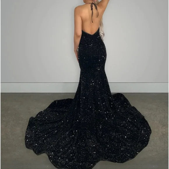 Sexy Black Halter Backless Sequin Mermaid Floor-Mounting Prom Dress Evening Dress TP2625