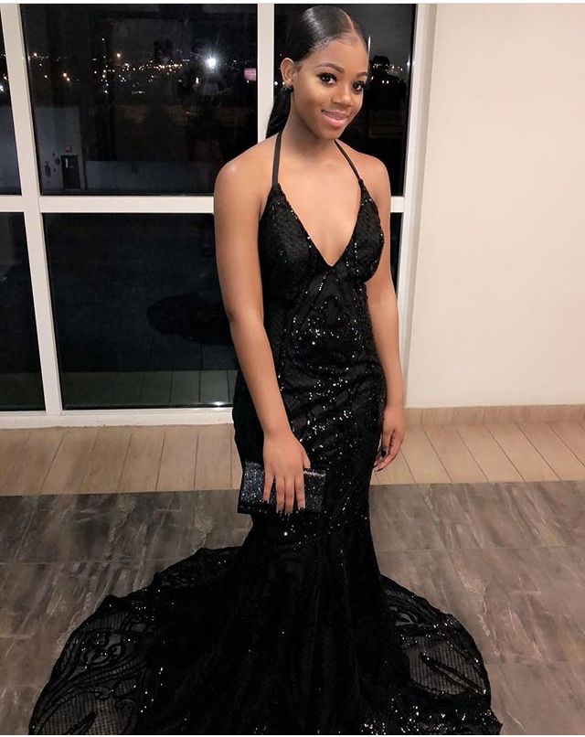 Sexy Black Halter Off-the-shoulder V-neck Mermaid Floor-length Prom Dress Evening Dress TP2631
