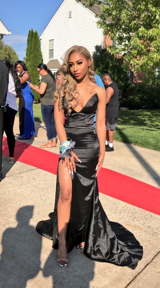 Black satin strapless slit low-cut formal prom dress evening gown TP2638