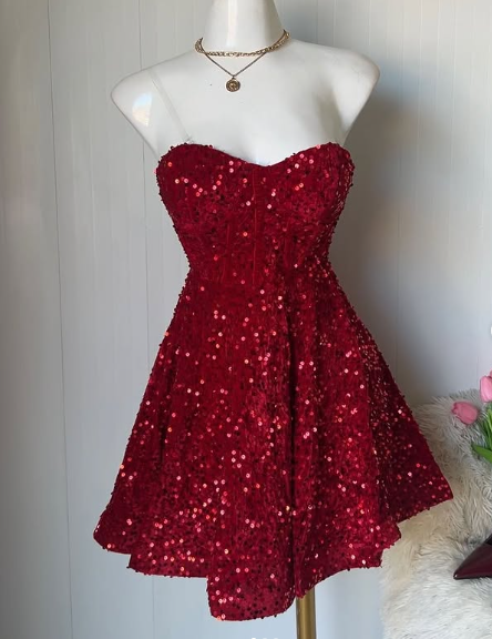 Burgundy A-Line Strapless Sweetheart Neck Sequined Mini Party Dress Homecoming Dress TP2640