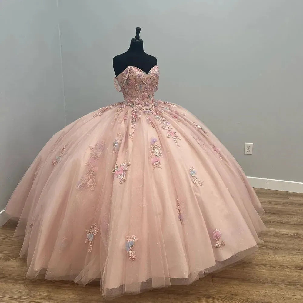 Sweet Pink Princess Dress A-line Off-shoulder Tulle Formal Prom Dress TP2643