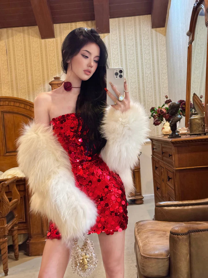 Sparkling Mermaid Off-the-shoulder Sequin Mini Party Dress Homecoming Dress TP2649