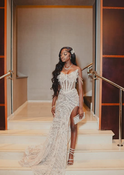 Sexy White Off Shoulder High Slit Sequined Trailing Prom Dress Evening Dress TP2650