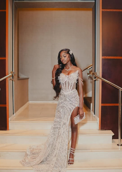 Sexy White Off Shoulder High Slit Sequined Trailing Prom Dress Evening Dress TP2650