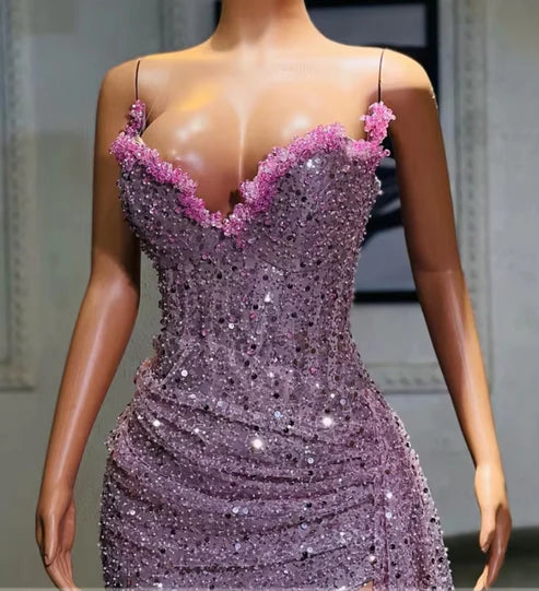 Charming Purple Off-the-shoulder V-neck Beaded Sequined Slit Prom Dress Evening Dress TP2651