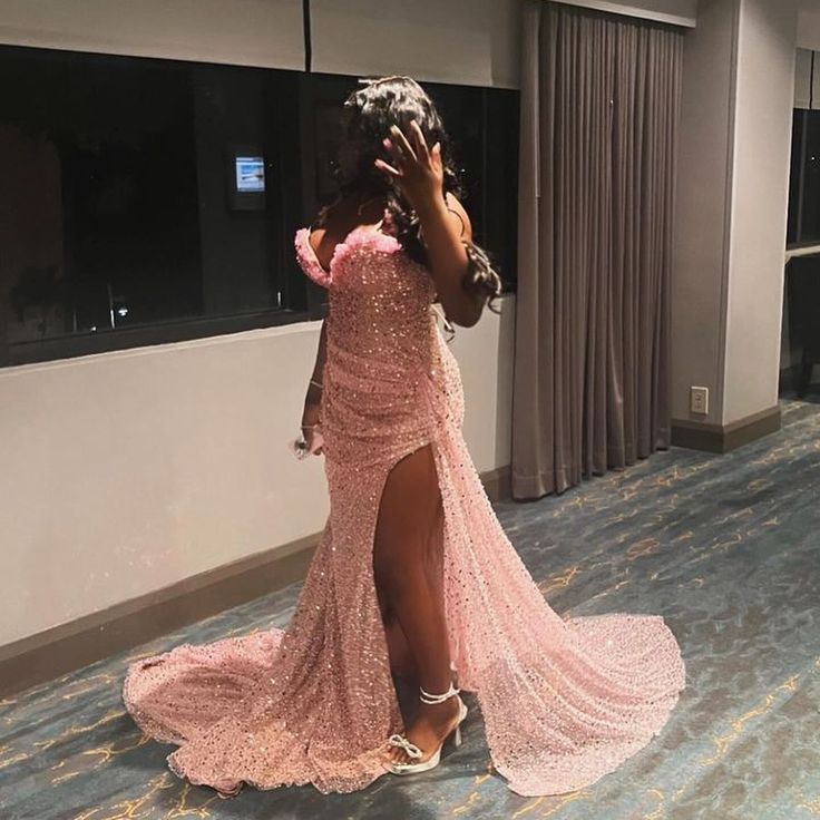 Sexy Pink Low Cut Shoulder Straps Shiny Slit Train Prom Dress Evening Dress TP2653