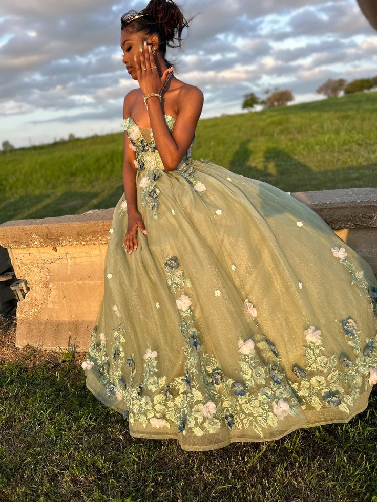 Cute Green Sleeveless 3D Flower A-Line Prom Dress Princess Dress TP2656