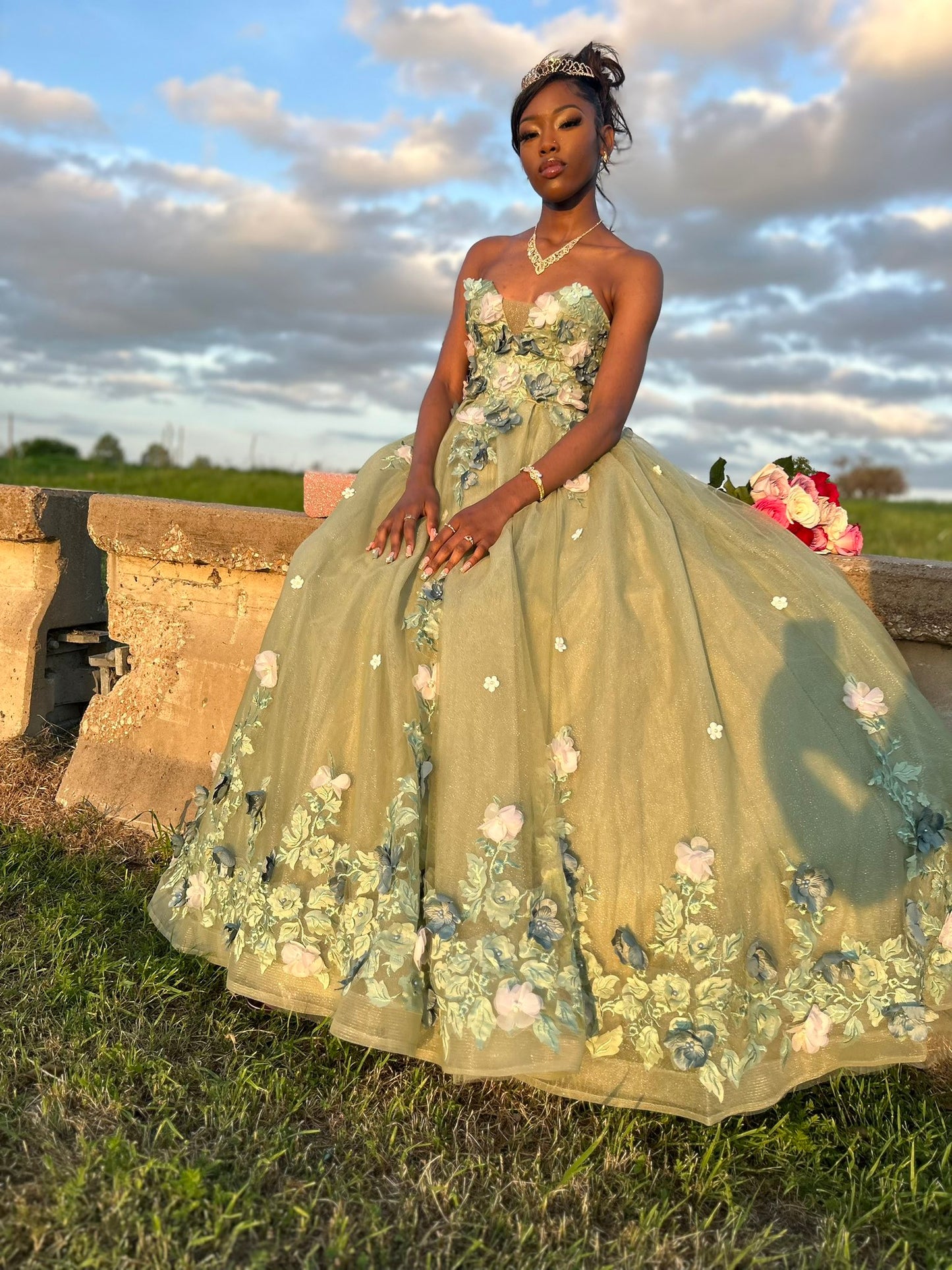 Cute Green Sleeveless 3D Flower A-Line Prom Dress Princess Dress TP2656