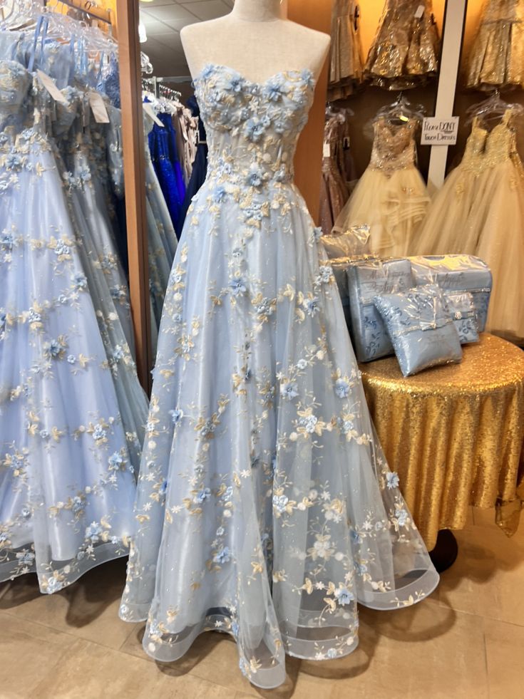 Beautiful A-line light blue strapless sweetheart neckline floral tulle long prom dress evening dressTP2659