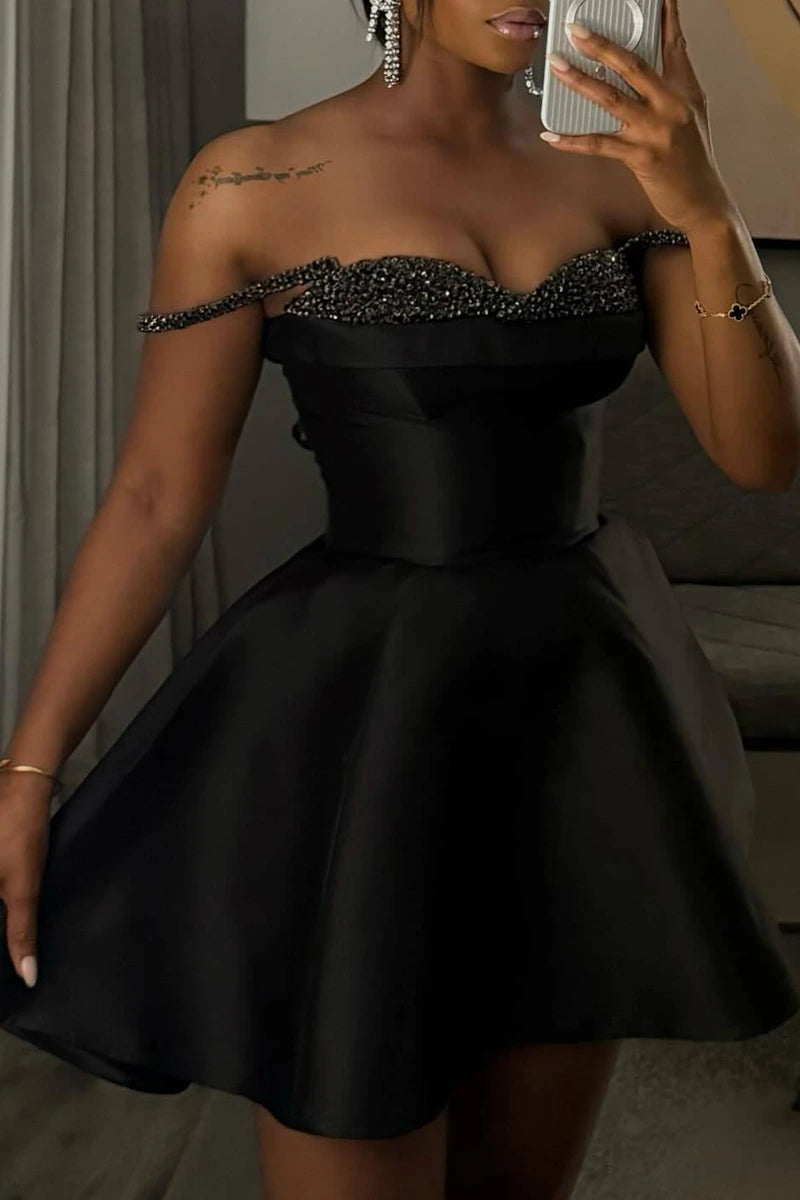 Sexy Black Sequined Satin A-Line Mini Party Dress Homecoming Dress TP2661
