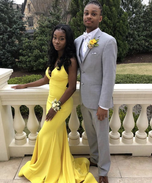 Sexy Yellow V-neck Sleeveless Mermaid Backless Floor-length Prom Dress Evening Dress TP2667