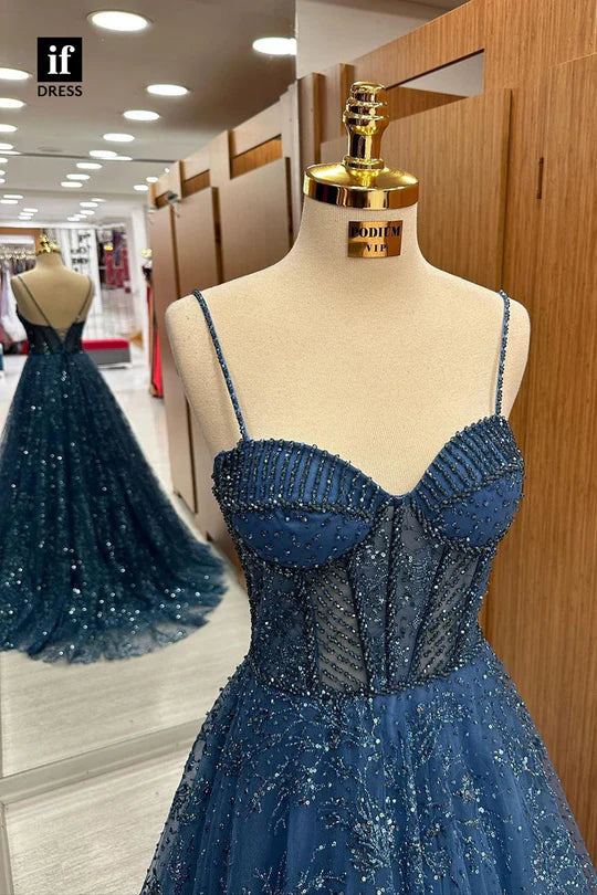 Elegant Navy A-Line Strap Sleeveless Shiny Long Formal Prom Dress Evening Gown TP2670