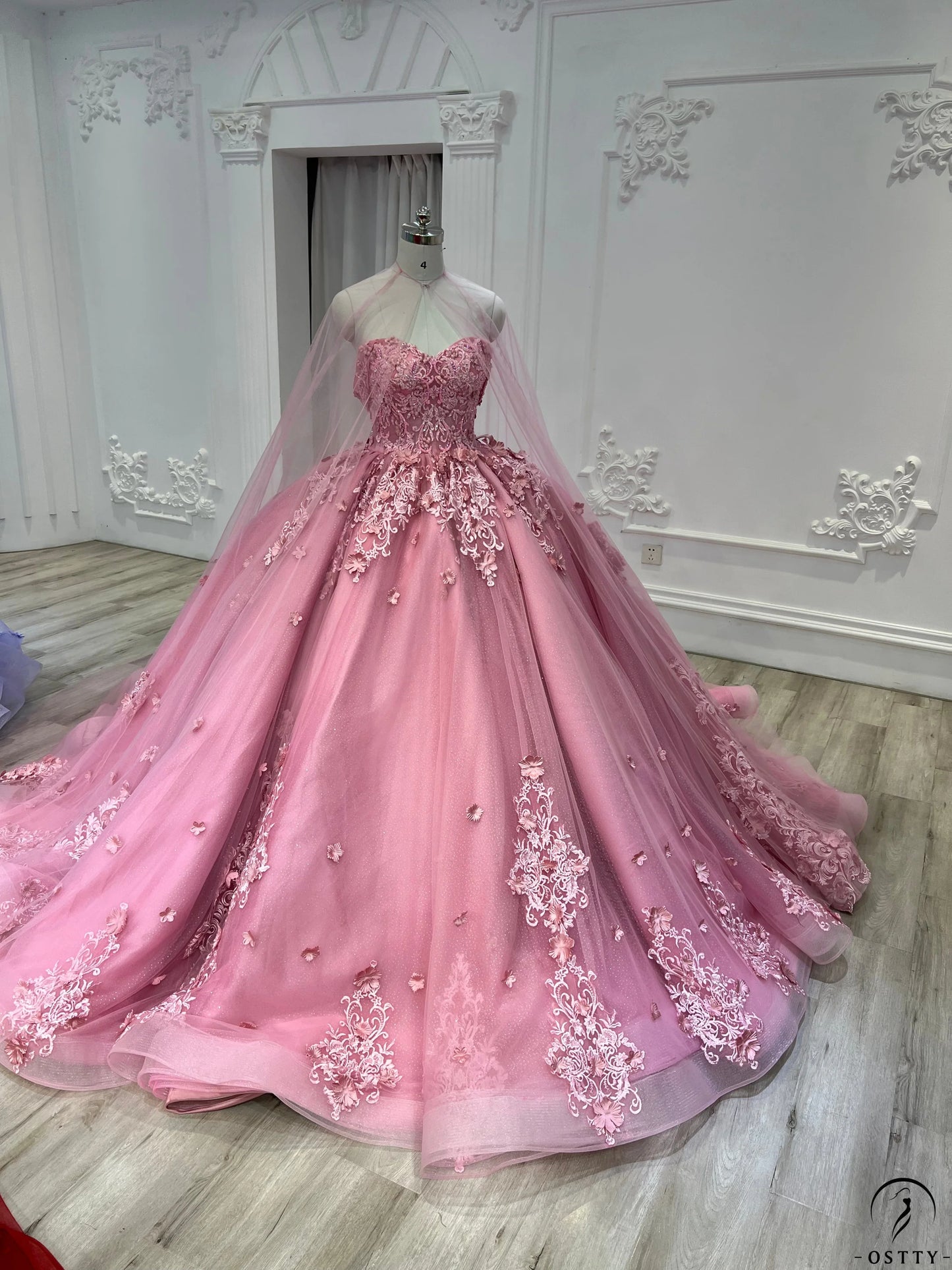 Sweet Princess Dress Pink Strapless Sweetheart Neck Lace Tulle With Train Prom Dress TP2685