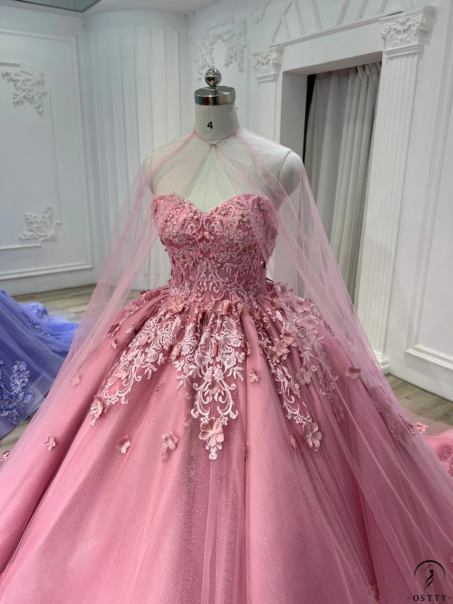 Sweet Princess Dress Pink Strapless Sweetheart Neck Lace Tulle With Train Prom Dress TP2685