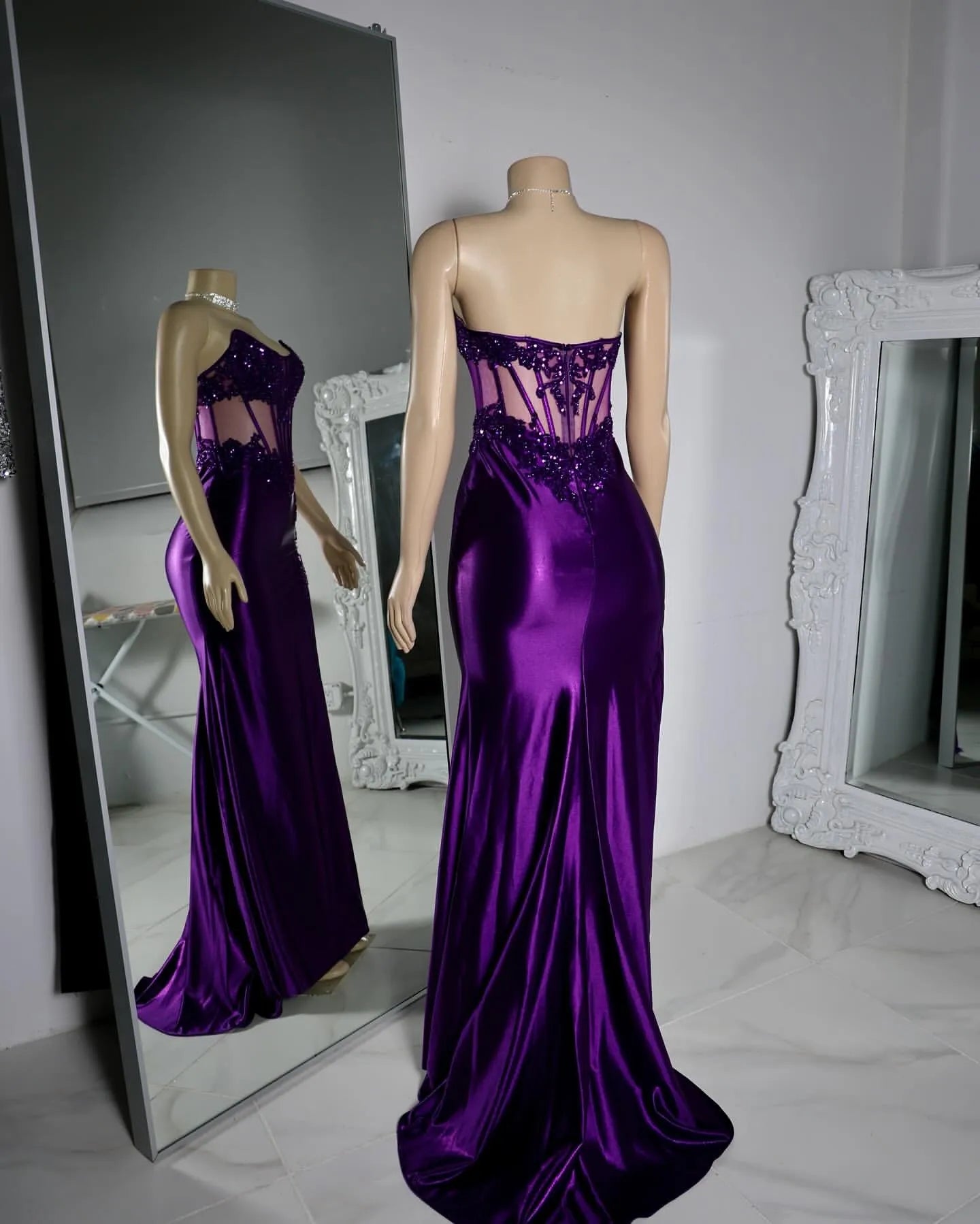 Charming Purple Off Shoulder Lace Silk Satin High Slit Mermaid Prom Dress Evening Dress TP2693