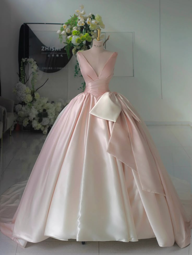 Gradient pink V-neck satin bow-tie A-line prom dress evening dress TP2704