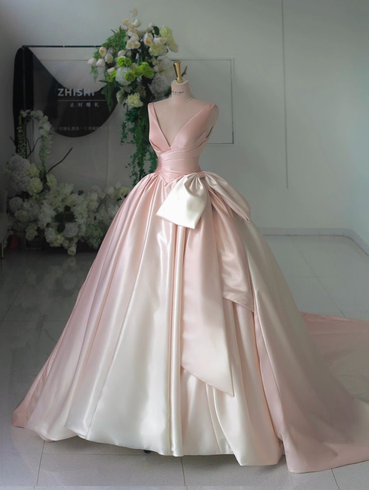 Gradient pink V-neck satin bow-tie A-line prom dress evening dress TP2704