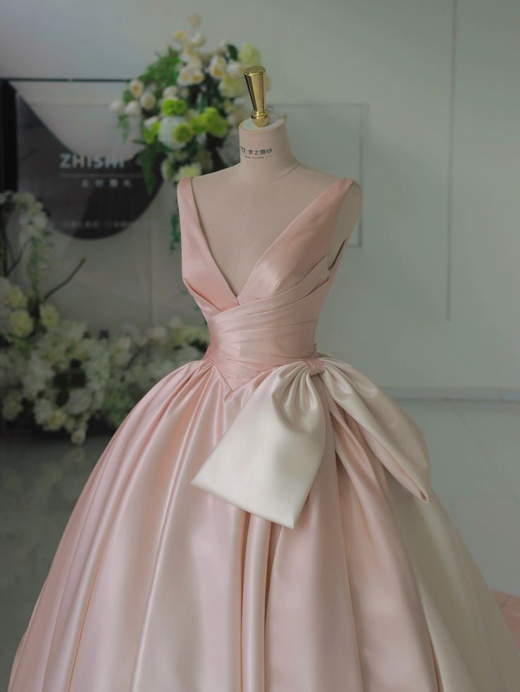 Gradient pink V-neck satin bow-tie A-line prom dress evening dress TP2704