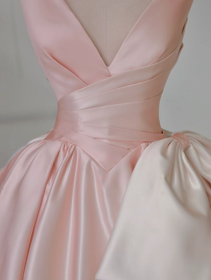 Gradient pink V-neck satin bow-tie A-line prom dress evening dress TP2704