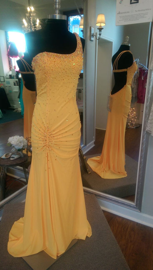 Vintage Yellow Sequined One Shoulder Backless Long Prom Dress Evening Dress TP2726