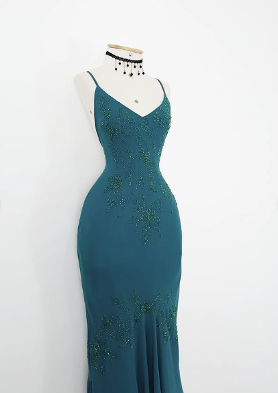 Vintage Strapless V-Neck Beaded Mermaid Chiffon Prom Dress Evening Dress TP2729