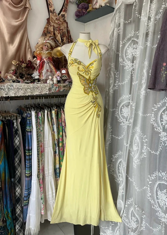 Vintage Yellow Halter Neck Sequined Backless Mermaid Prom Dress Evening Dress TP2730