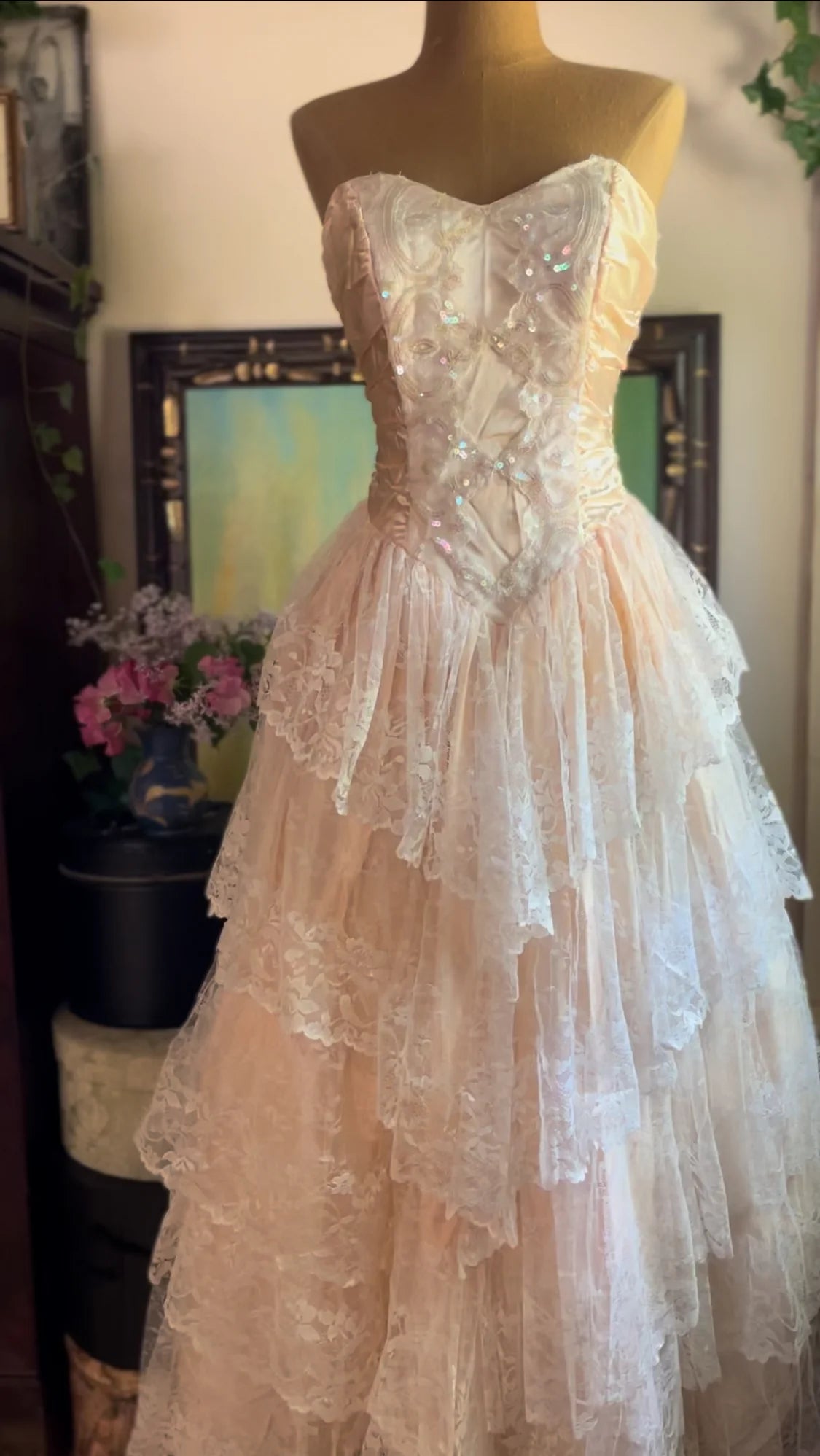 Vintage Pink Strapless Sequined Lace Trim Sweetheart Neck A-Line Prom Dress Evening Dress TP2741