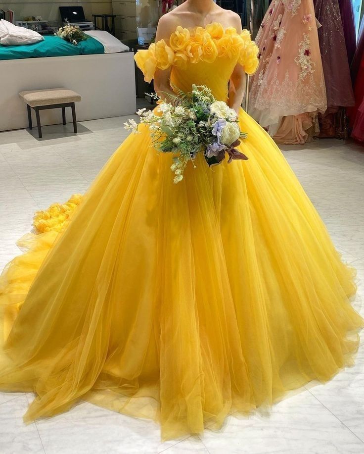 Gorgeous Yellow 3D Flower Off Shoulder A-Line Tulle Floor-Mounting Prom Dress Evening Dress TP2748