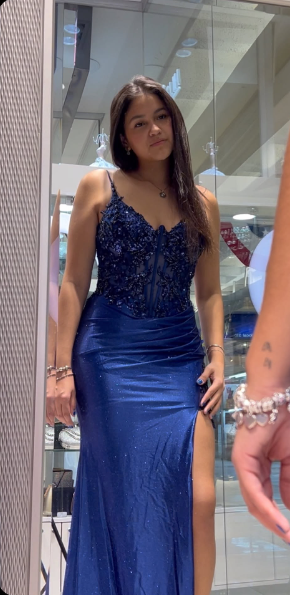 Simple navy blue sling side slit satin long mermaid prom dress evening dress TP2754