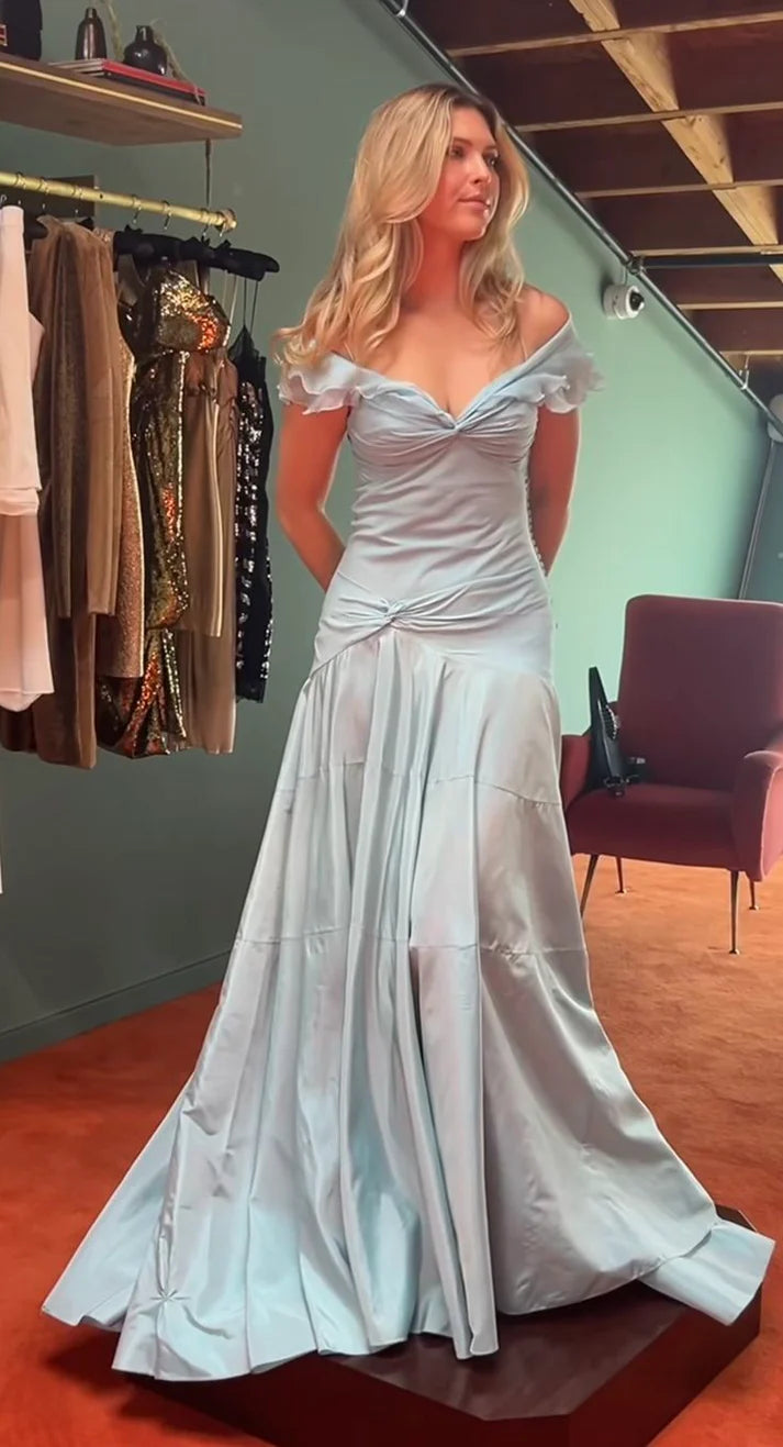 Elegant Blue Off Shoulder A-Line Long Prom Dress Evening Dress TP2758