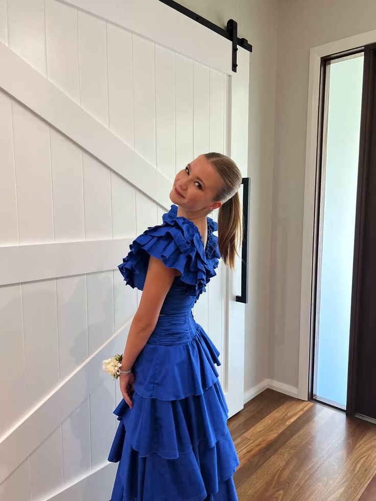 Sapphire Blue V-neck Sleeveless Ruffled Layered A-line Prom Dress Evening Dress TP2759