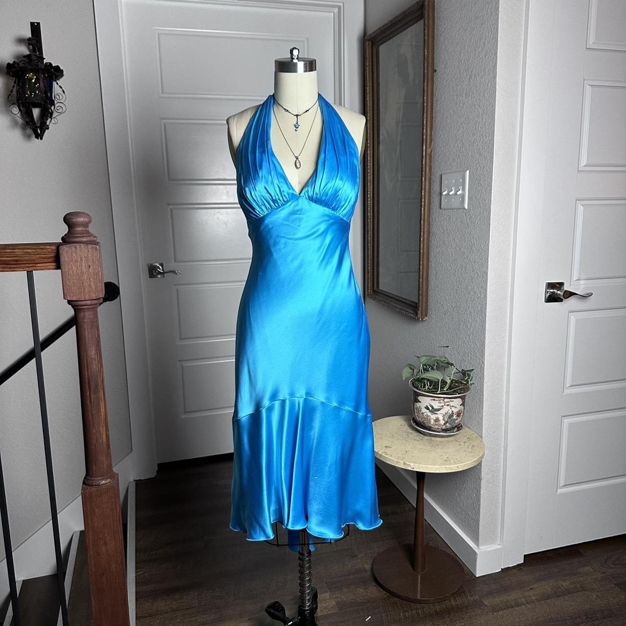 Vintage Blue V-neck Halter Satin Backless Mermaid Tea Length Prom Dress Evening Dress TP2761