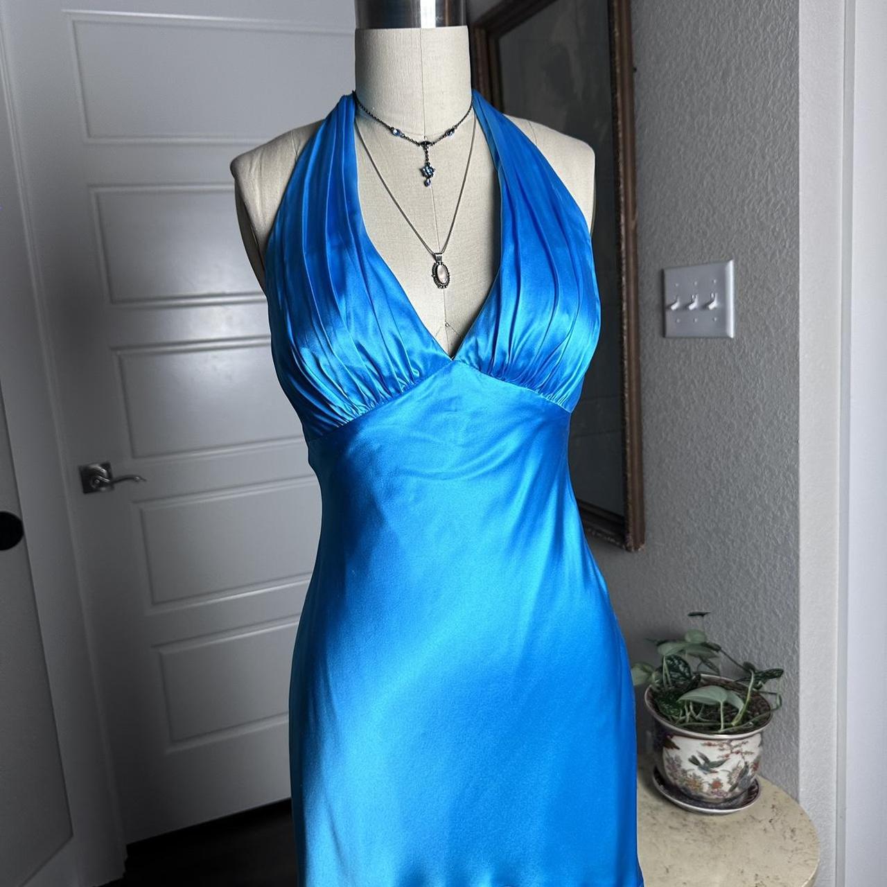 Vintage Blue V-neck Halter Satin Backless Mermaid Tea Length Prom Dress Evening Dress TP2761