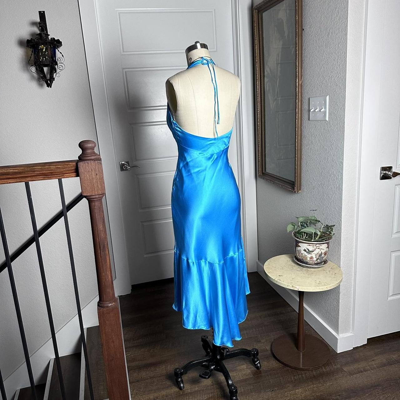 Vintage Blue V-neck Halter Satin Backless Mermaid Tea Length Prom Dress Evening Dress TP2761