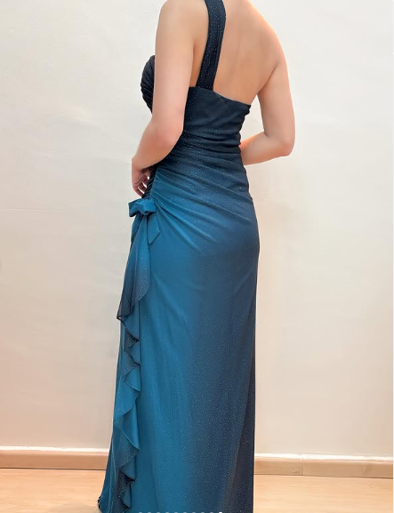 Vintage Gradient Blue One Shoulder Chiffon Shiny Mermaid Prom Dress Evening Dress TP2765