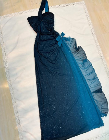 Vintage Gradient Blue One Shoulder Chiffon Shiny Mermaid Prom Dress Evening Dress TP2765