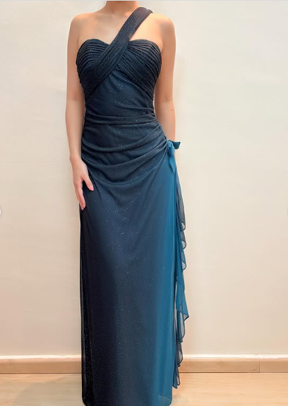 Vintage Gradient Blue One Shoulder Chiffon Shiny Mermaid Prom Dress Evening Dress TP2765