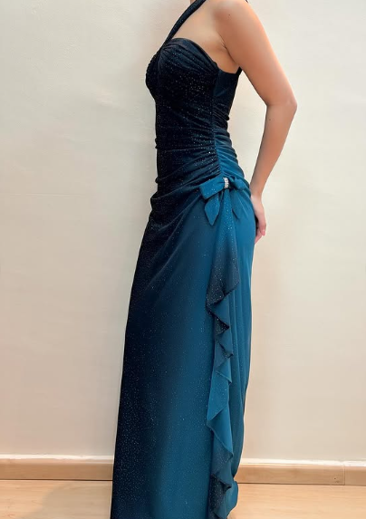 Vintage Gradient Blue One Shoulder Chiffon Shiny Mermaid Prom Dress Evening Dress TP2765