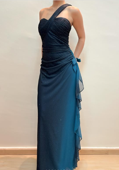 Vintage Gradient Blue One Shoulder Chiffon Shiny Mermaid Prom Dress Evening Dress TP2765