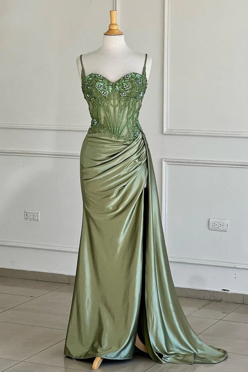 Simple Green Satin Strapless Slit Sequin Mermaid Prom Dress Evening Dress TP2770