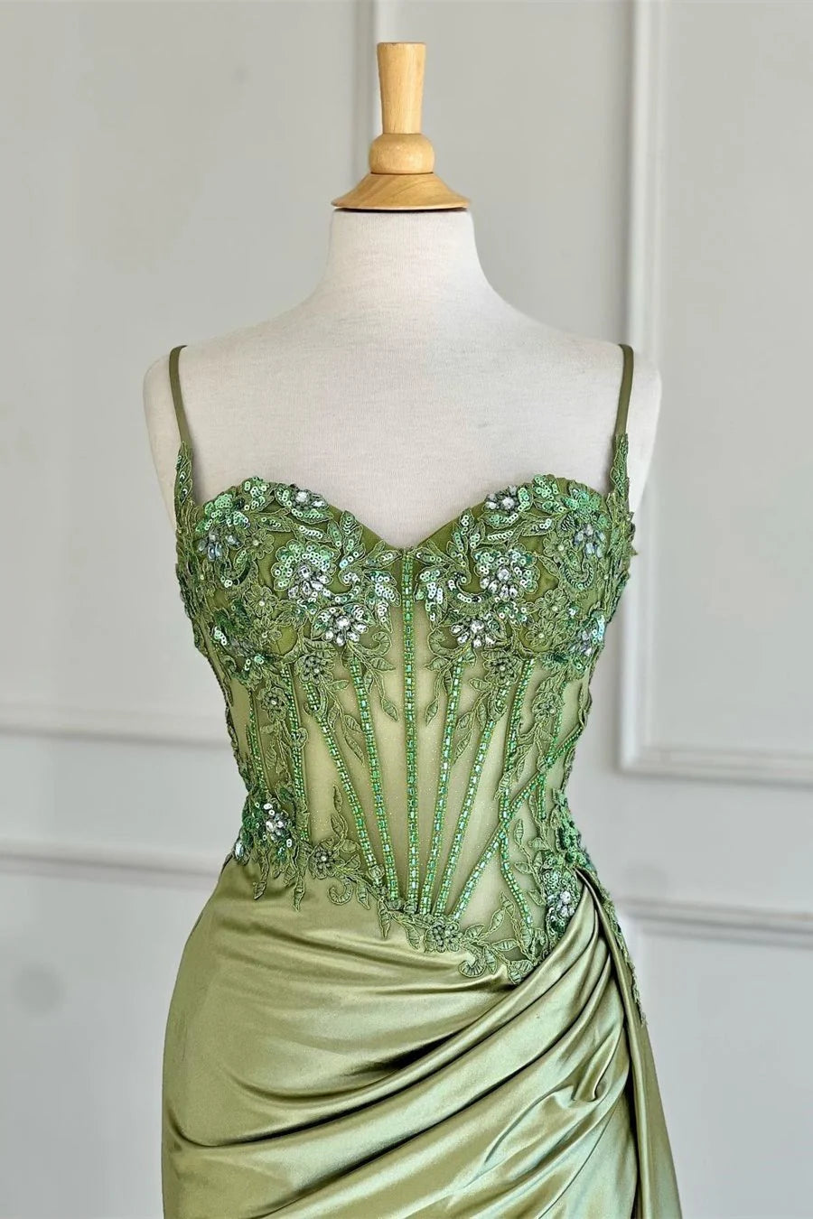 Simple Green Satin Strapless Slit Sequin Mermaid Prom Dress Evening Dress TP2770