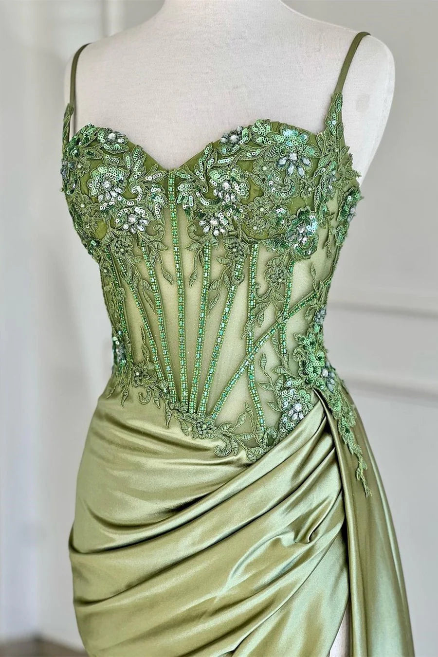 Simple Green Satin Strapless Slit Sequin Mermaid Prom Dress Evening Dress TP2770