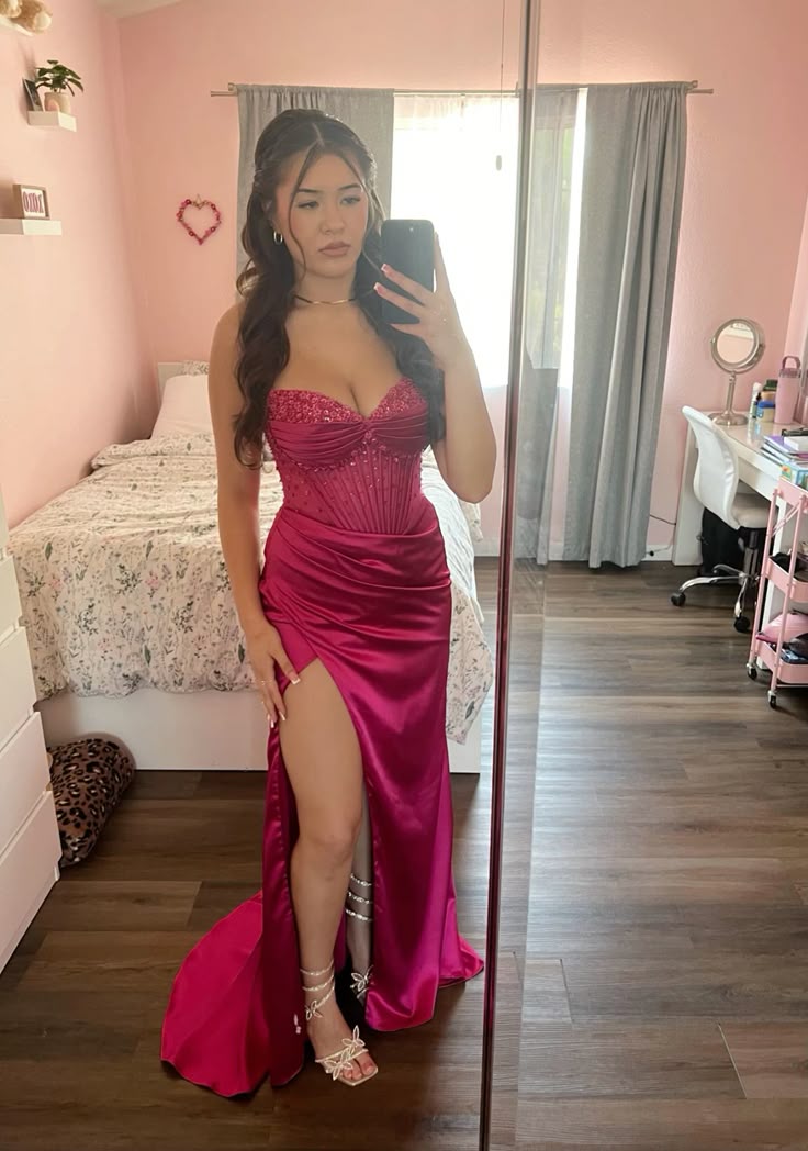 Beautiful Hot Pink Strapless Sweetheart Neck Slit Satin Floor Length Prom Dress Evening Gown TP2773