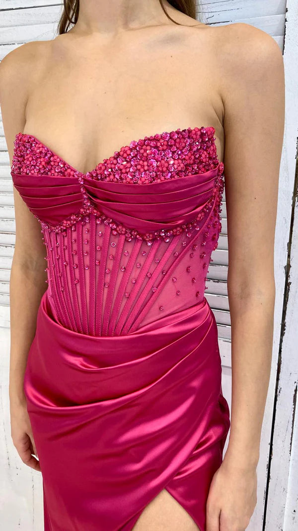 Beautiful Hot Pink Strapless Sweetheart Neck Slit Satin Floor Length Prom Dress Evening Gown TP2773